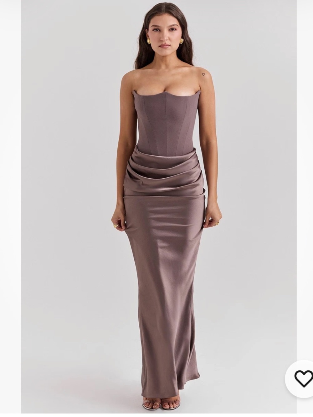 House of CB Taupe Satin Draped Strapless Maxi Skirt